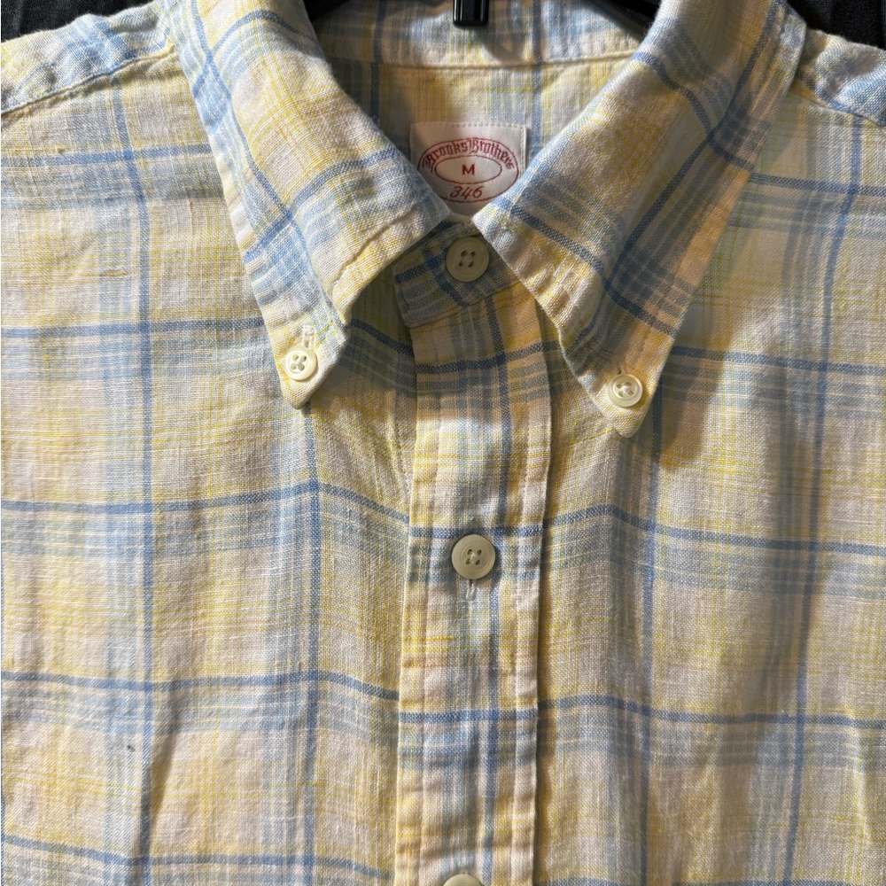 Brooks Brothers Linen Shirt Men's M Blue Yellow Plaid Short Sleeve Original Polo